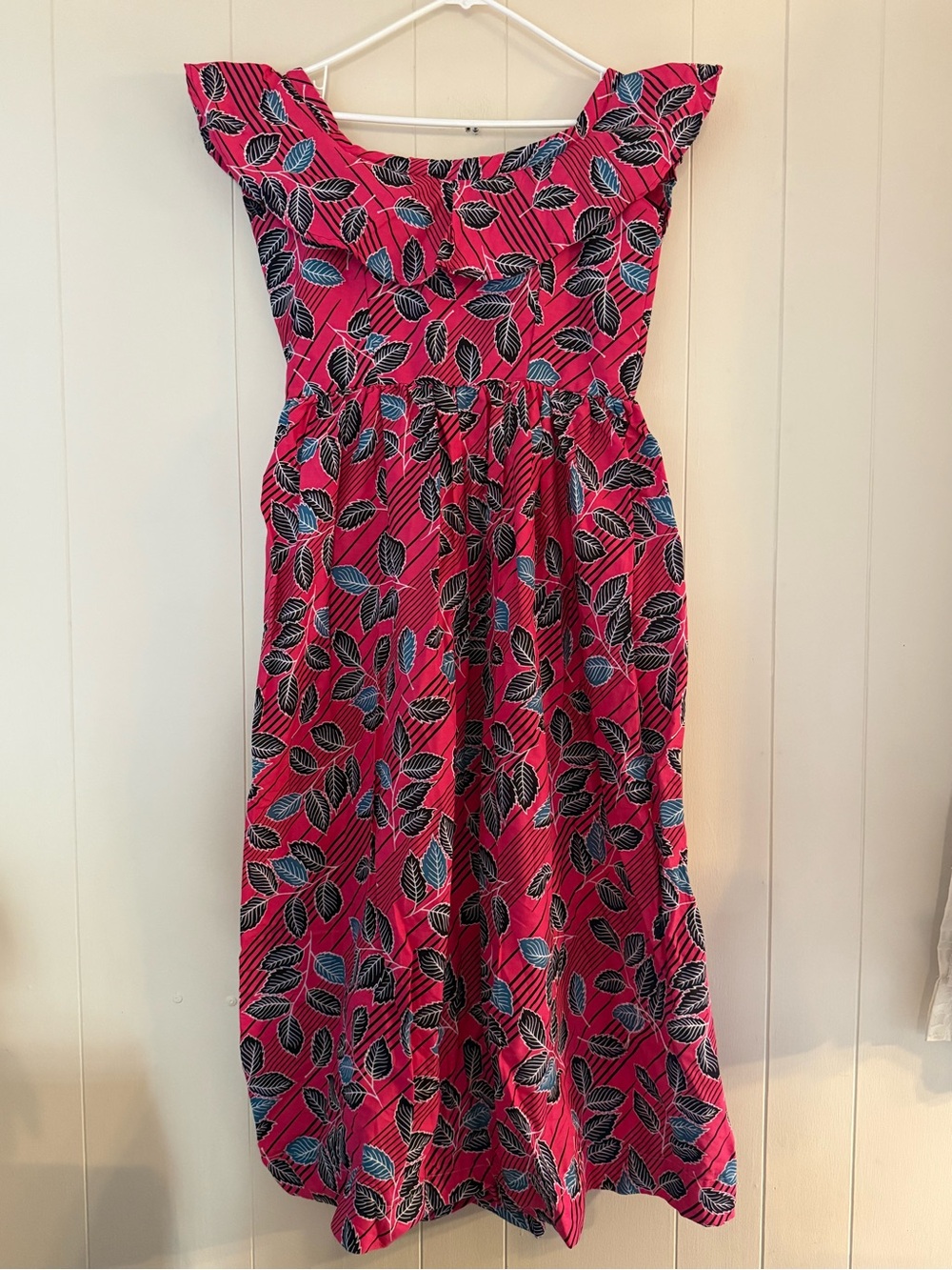Bright Pink Leaf-Print Sundress with Ruffle Neck
